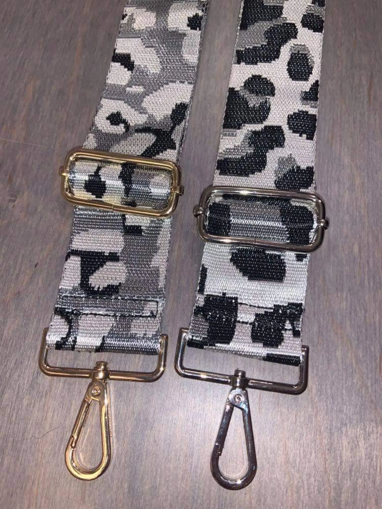 ADJUSTABLE ANIMAL PRINT BAG STRAP- SILVER/BLACK/GREY GROUND LEOPARD