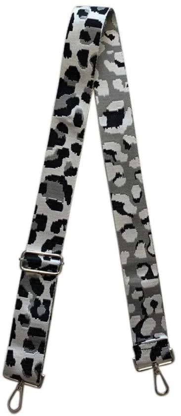 ADJUSTABLE ANIMAL PRINT BAG STRAP- SILVER/BLACK/GREY GROUND LEOPARD