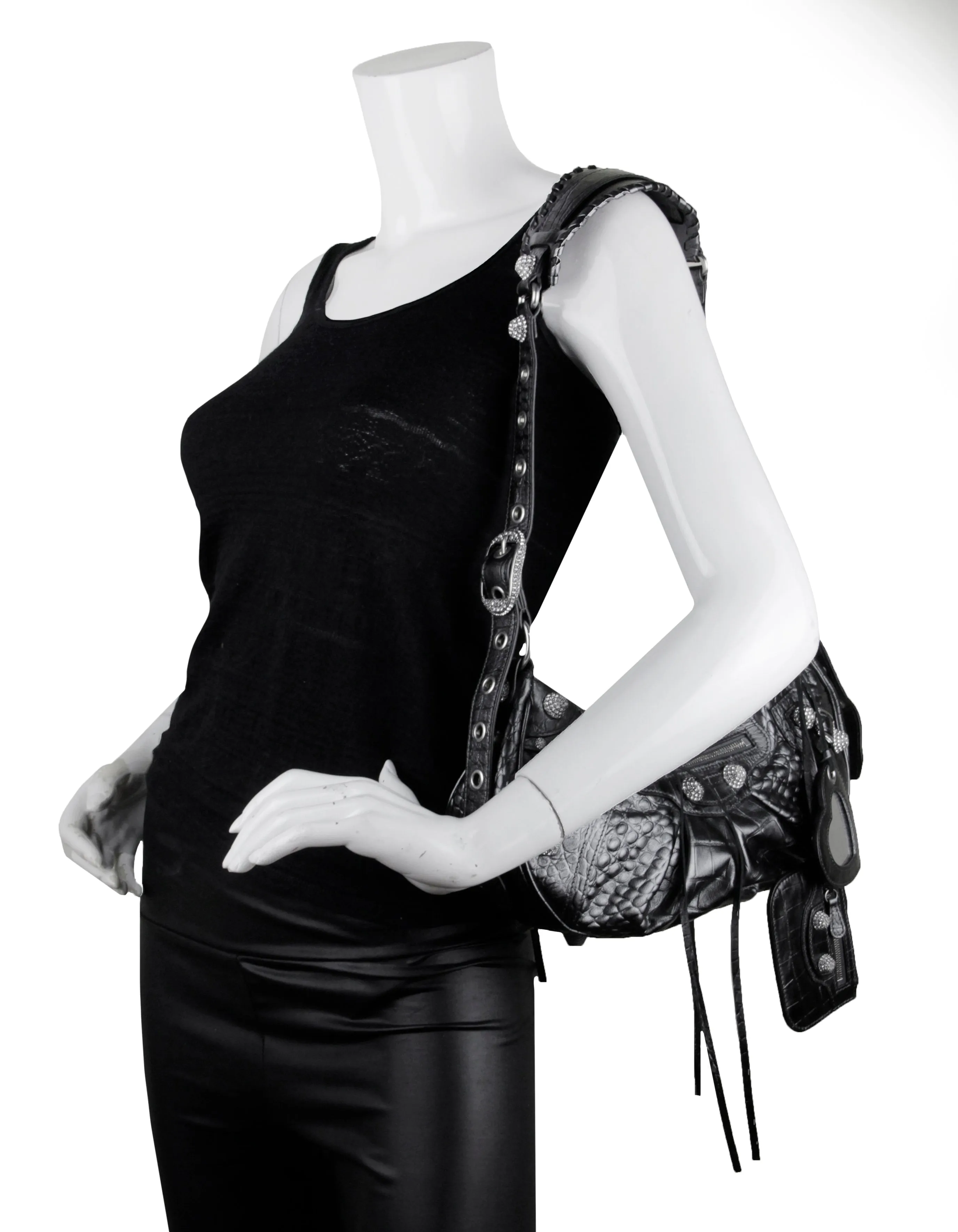 Balenciaga Dark Grey Metallized Embossed Crystal Small Le Cagole Small Shoulder Bag
