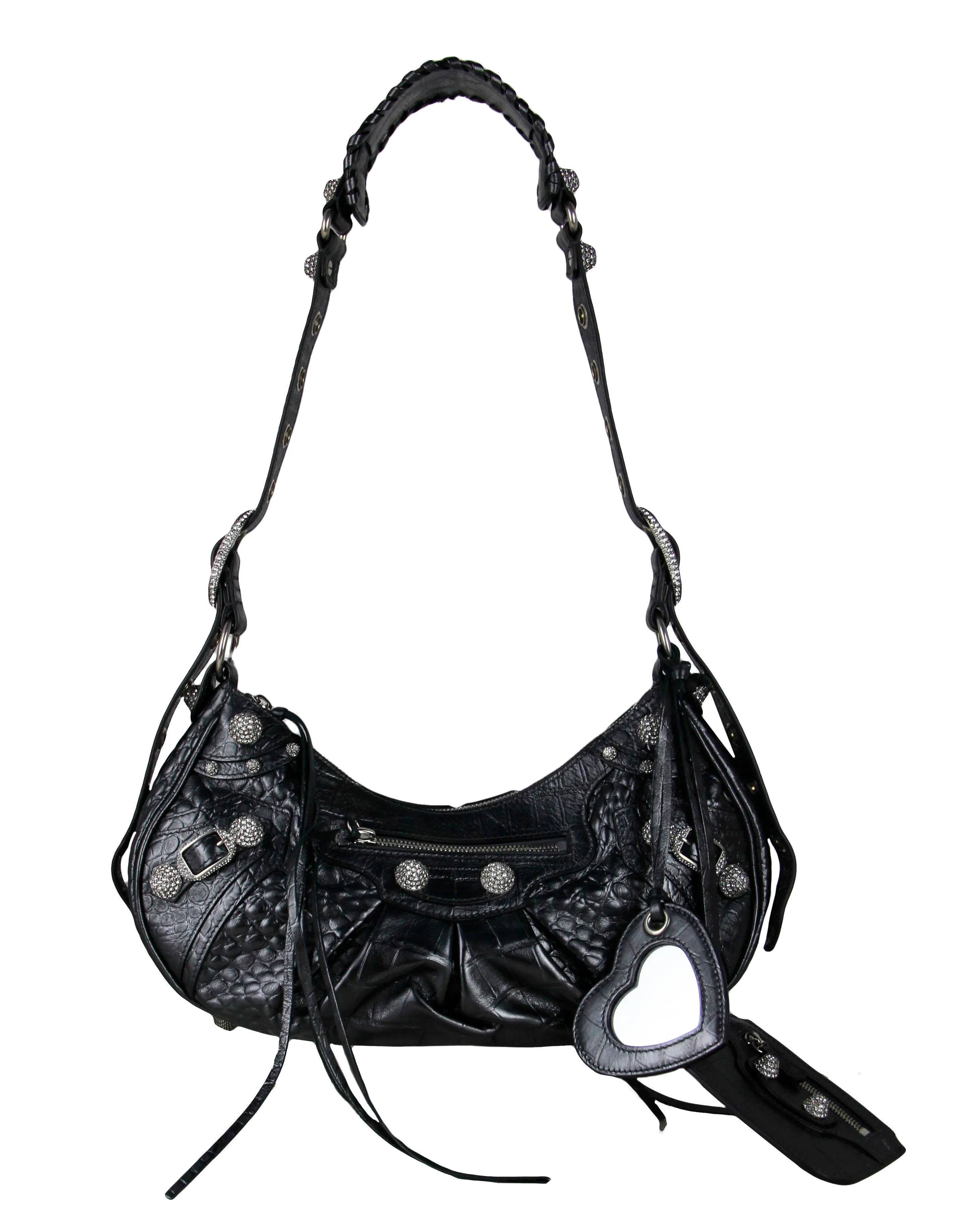 Balenciaga Dark Grey Metallized Embossed Crystal Small Le Cagole Small Shoulder Bag