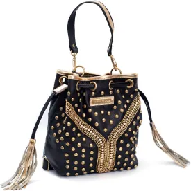 Black Leather Bucket Bag with Gold Studded Accents and Tassels  Trendy Drawstring Handbag for Women