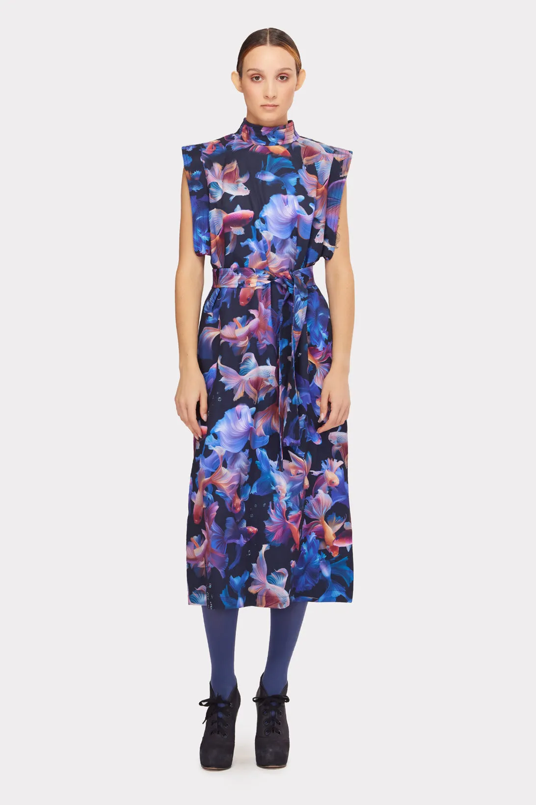 Designer Long Dress With Mock Neck Colorful Print