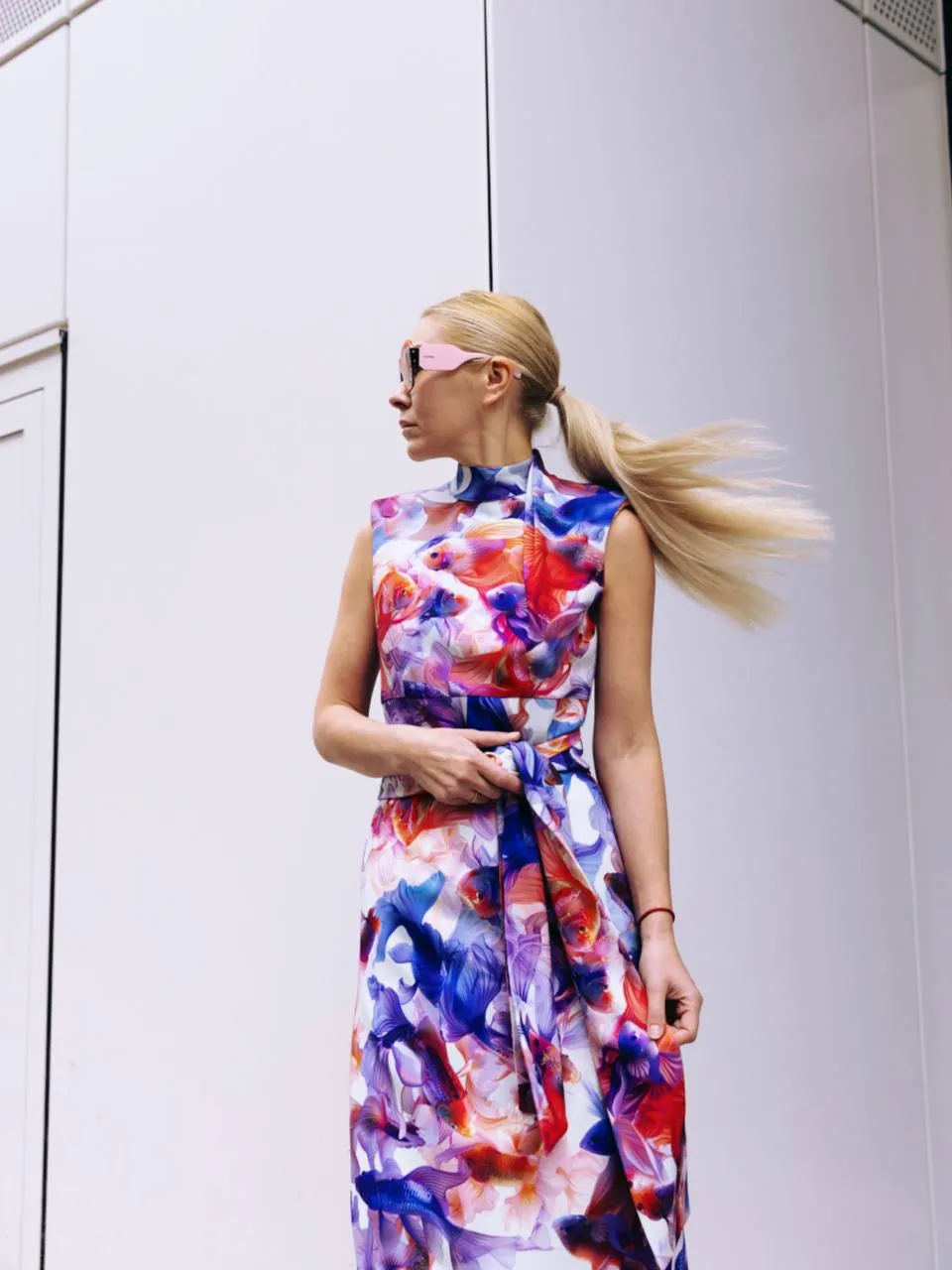Designer Long Dress With Mock Neck Colorful Print