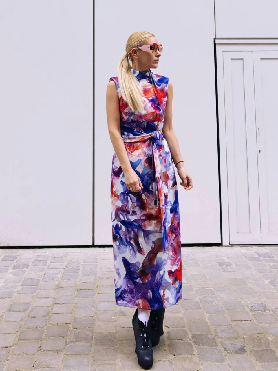 Designer Long Dress With Mock Neck Colorful Print