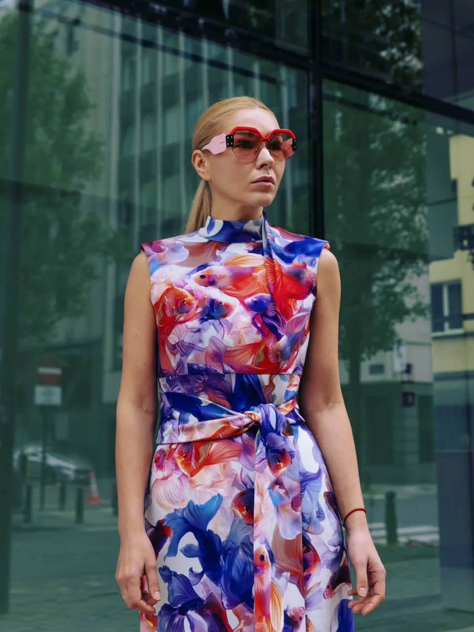 Designer Long Dress With Mock Neck Colorful Print