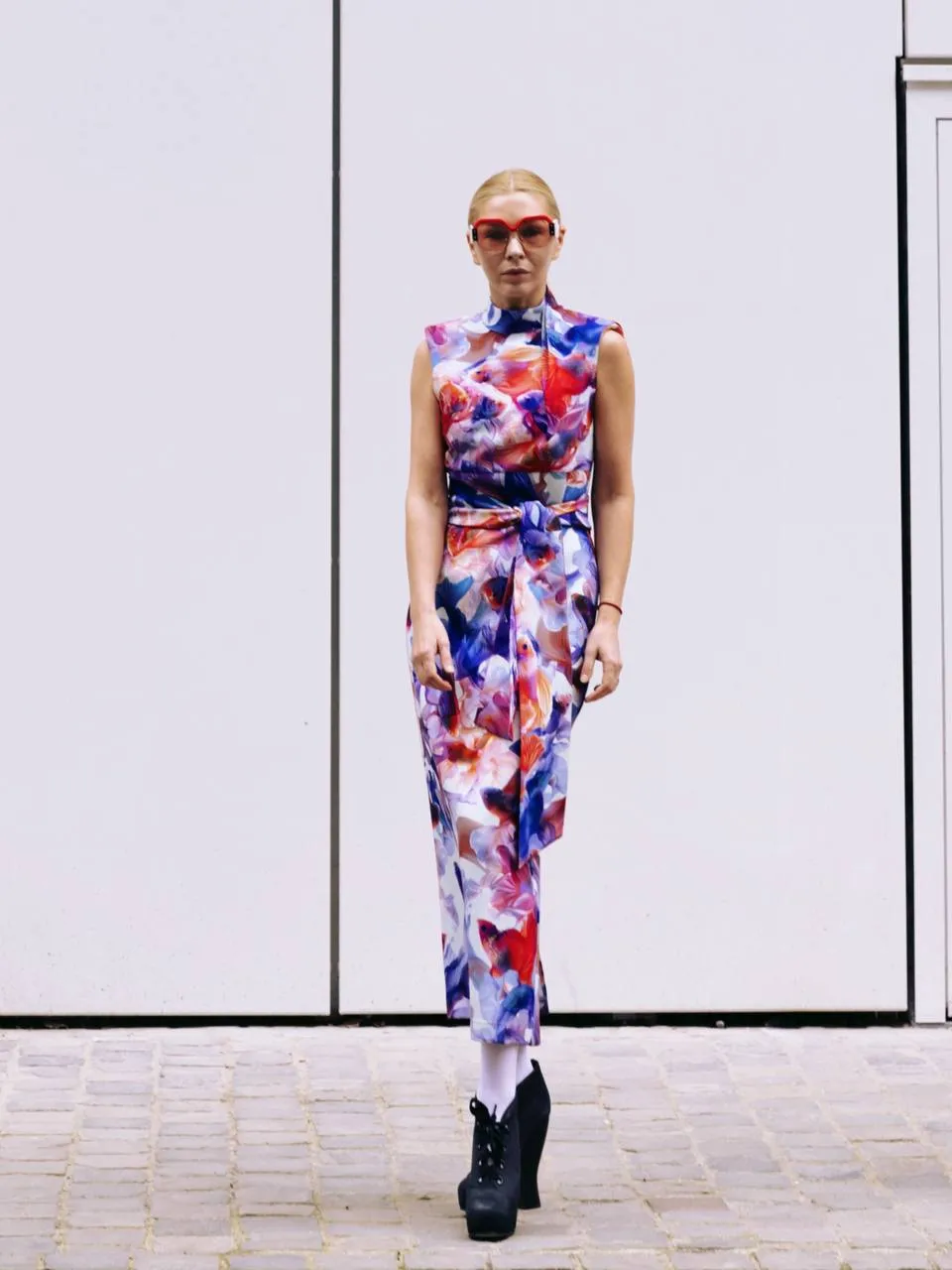 Designer Long Dress With Mock Neck Colorful Print