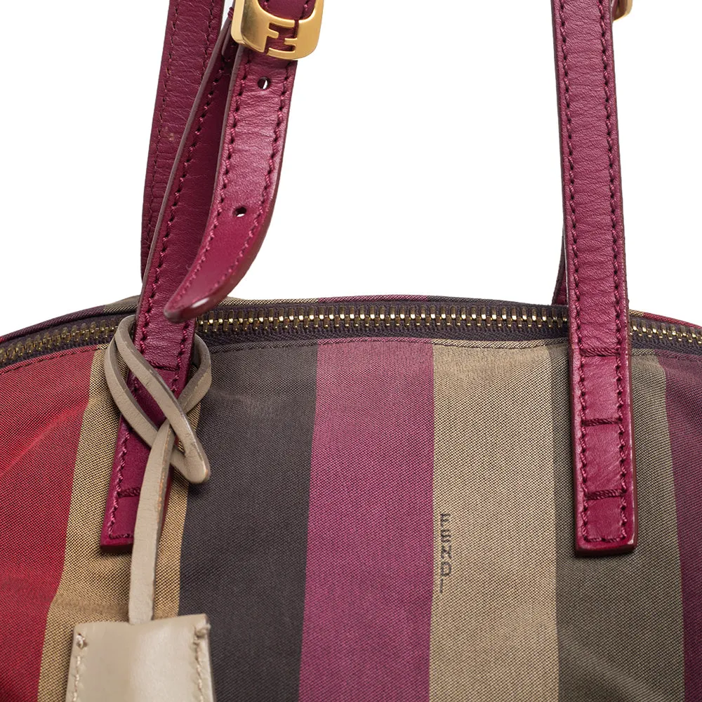 Fendi Red/Multicolor Leather and Fabric Pequin Stripe 2Bag Colorblock Tote