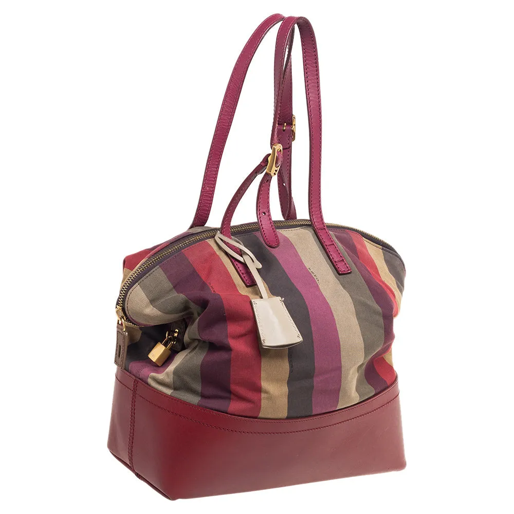 Fendi Red/Multicolor Leather and Fabric Pequin Stripe 2Bag Colorblock Tote