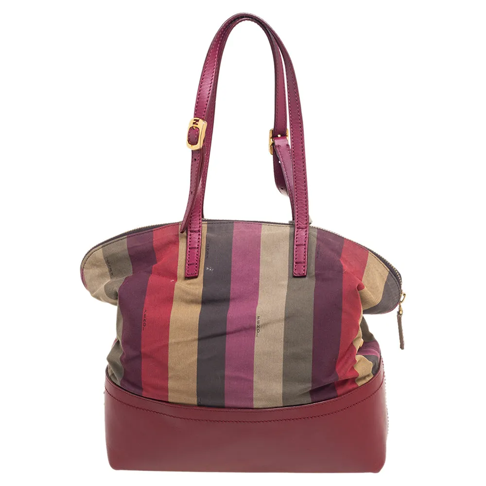 Fendi Red/Multicolor Leather and Fabric Pequin Stripe 2Bag Colorblock Tote