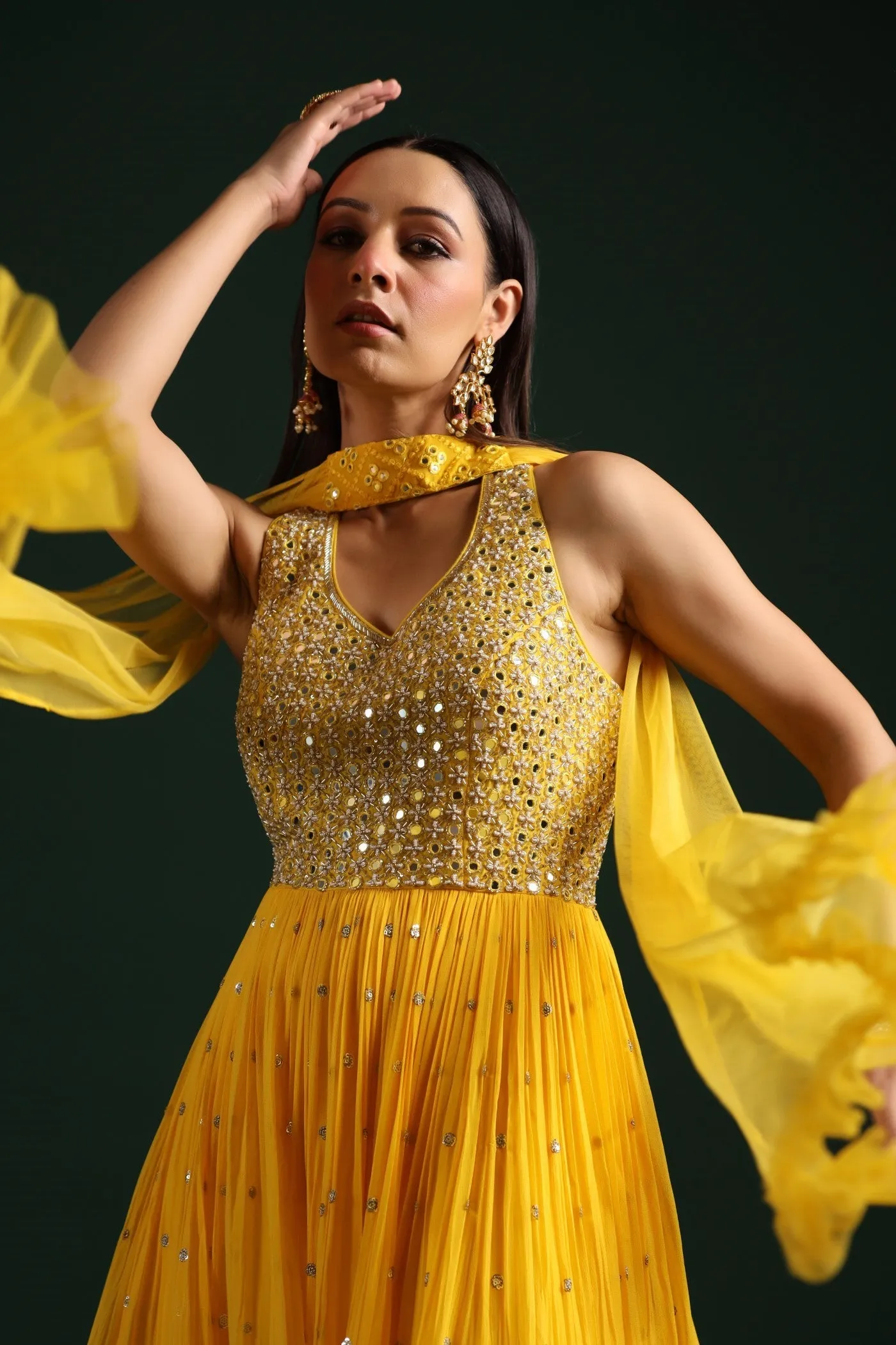 Festive Yellow Mirror Embroidered Peplum Set