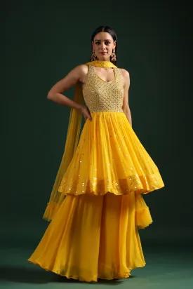 Festive Yellow Mirror Embroidered Peplum Set