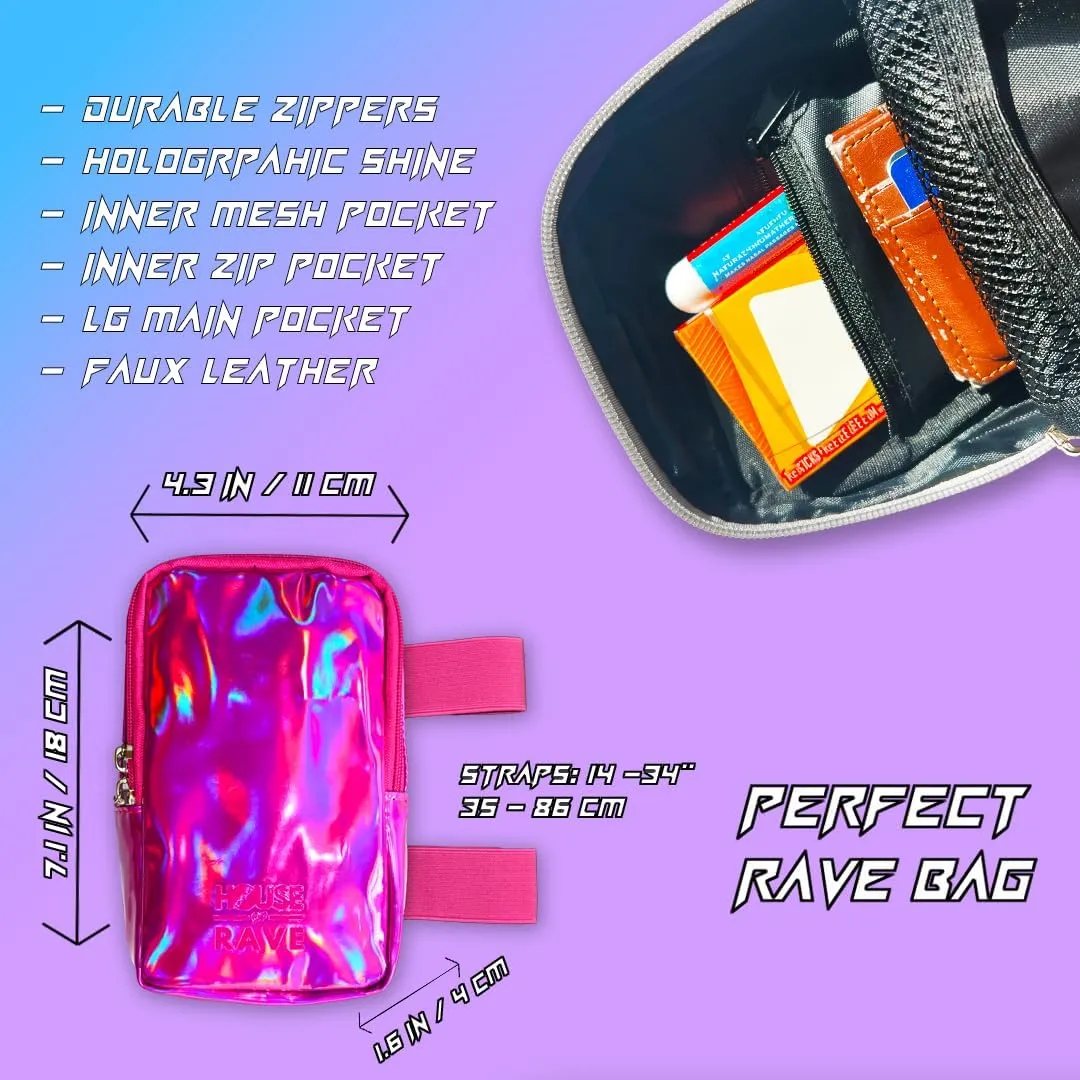 Holographic Thigh Bag No-Slip-Padded Backing - Inner Pockets & Double Zipper Carnival Thigh Bag for Women - Iridescent Leg Bag - Reflective Phone Holder (Pink)