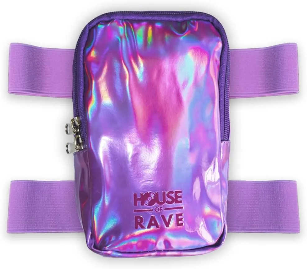 Holographic Thigh Bag No-Slip-Padded Backing - Inner Pockets & Double Zipper Carnival Thigh Bag for Women - Iridescent Leg Bag - Reflective Phone Holder (Purple)