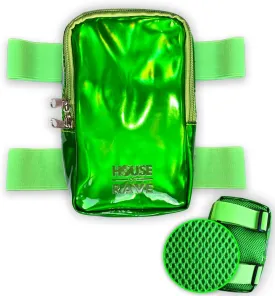 Holographic Thigh Bag w/Inner Pockets & Mesh Backing - Double Zipper Carnival Thigh Bag for Women - Iridescent Leg Bag - Reflective Phone Holder (Green)