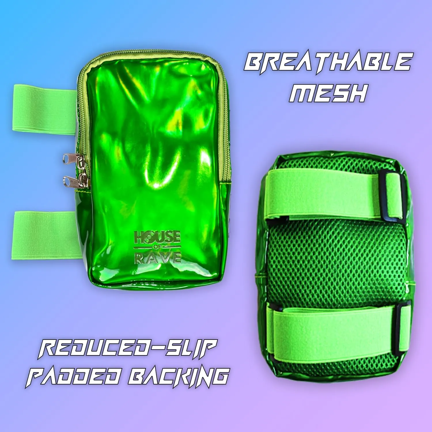 Holographic Thigh Bag w/Inner Pockets & Mesh Backing - Double Zipper Carnival Thigh Bag for Women - Iridescent Leg Bag - Reflective Phone Holder (Green)