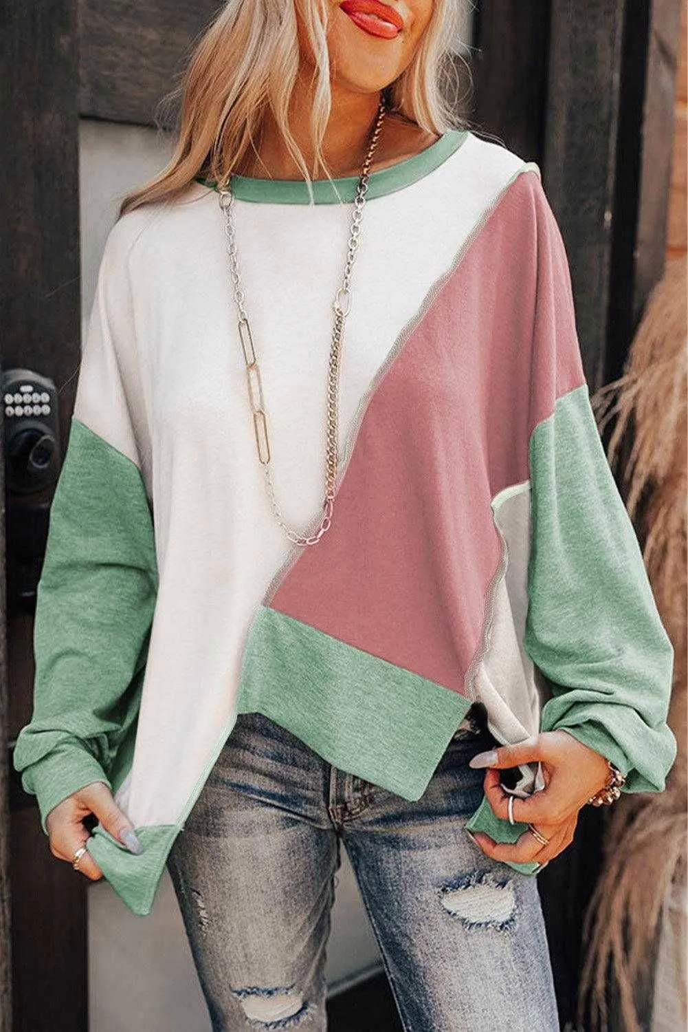 Irregular Hem Top - Khaki Colorblock Long Sleeve Style