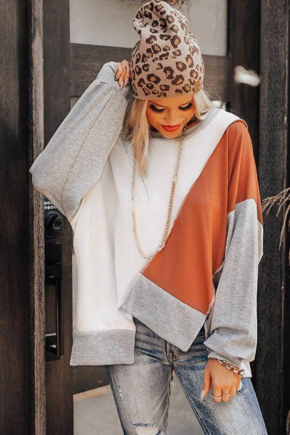 Irregular Hem Top - Khaki Colorblock Long Sleeve Style