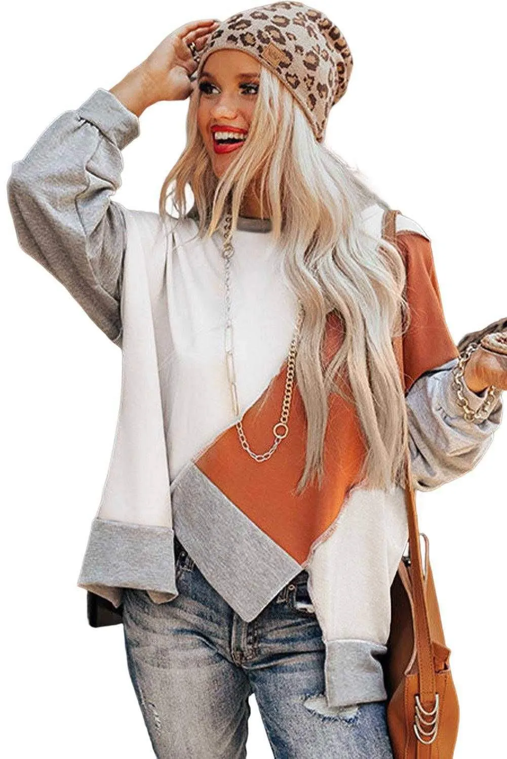 Irregular Hem Top - Khaki Colorblock Long Sleeve Style