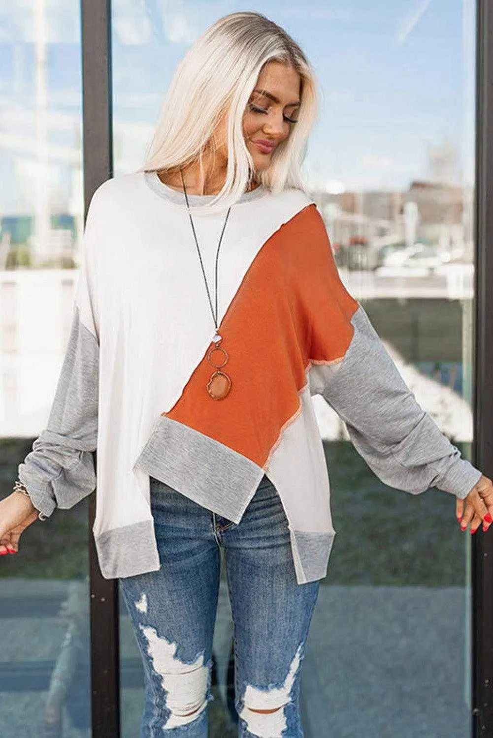 Irregular Hem Top - Khaki Colorblock Long Sleeve Style