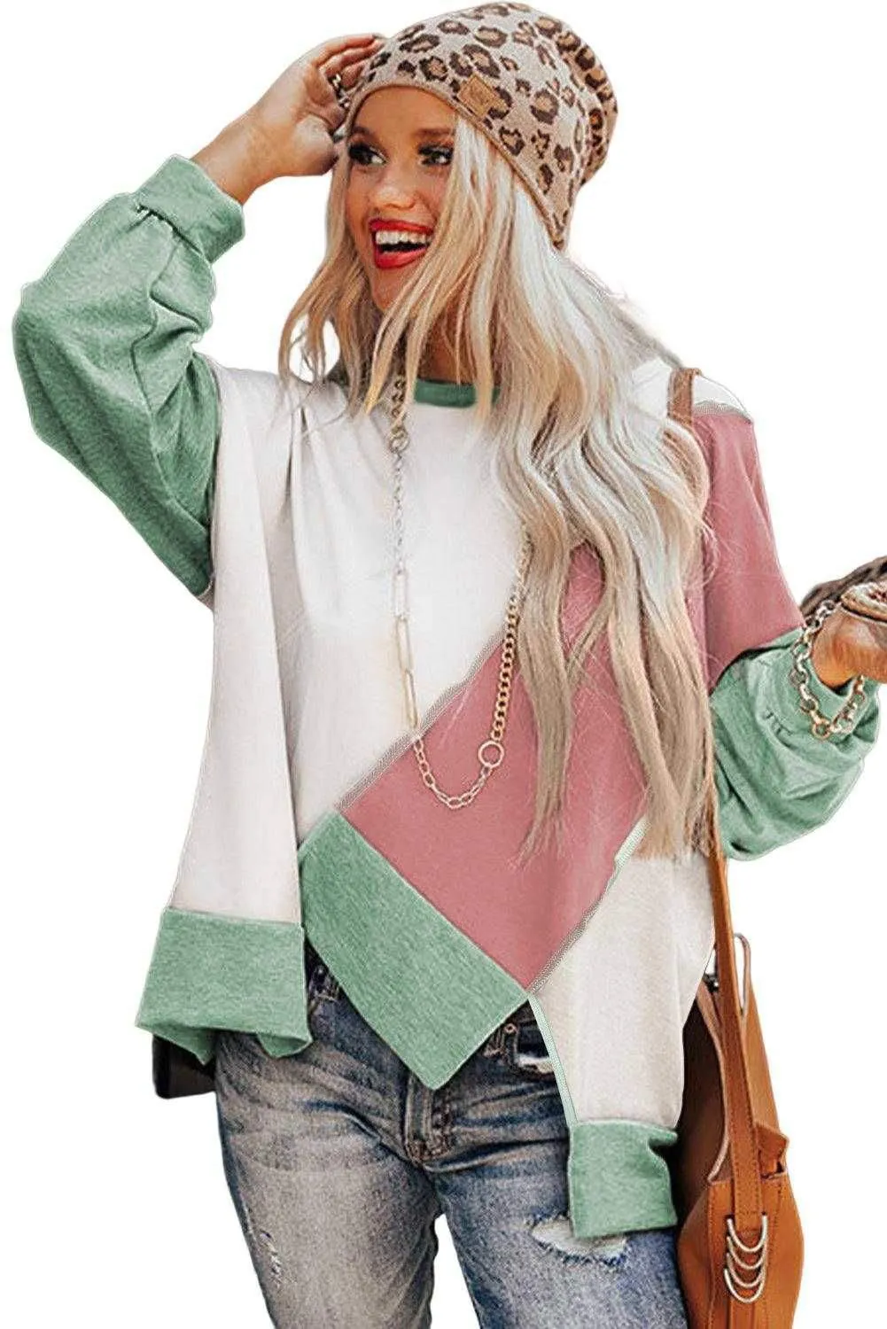 Irregular Hem Top - Khaki Colorblock Long Sleeve Style