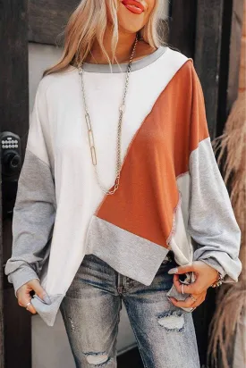 Irregular Hem Top - Khaki Colorblock Long Sleeve Style