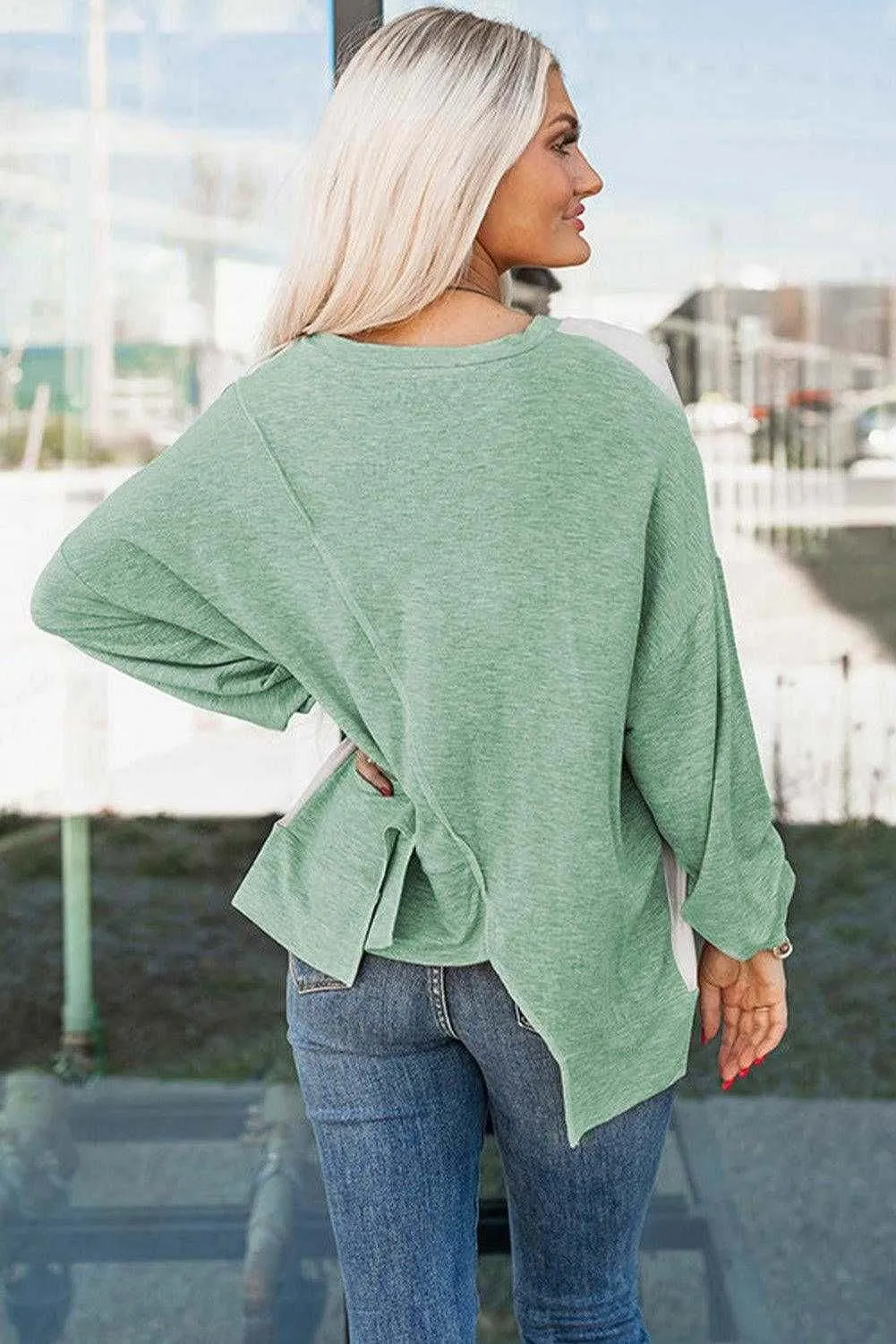 Irregular Hem Top - Khaki Colorblock Long Sleeve Style