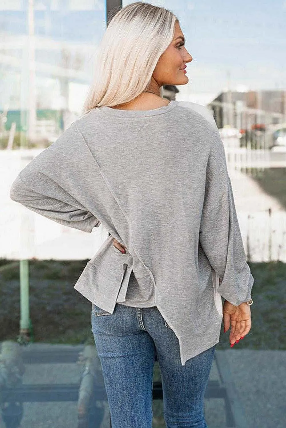 Irregular Hem Top - Khaki Colorblock Long Sleeve Style