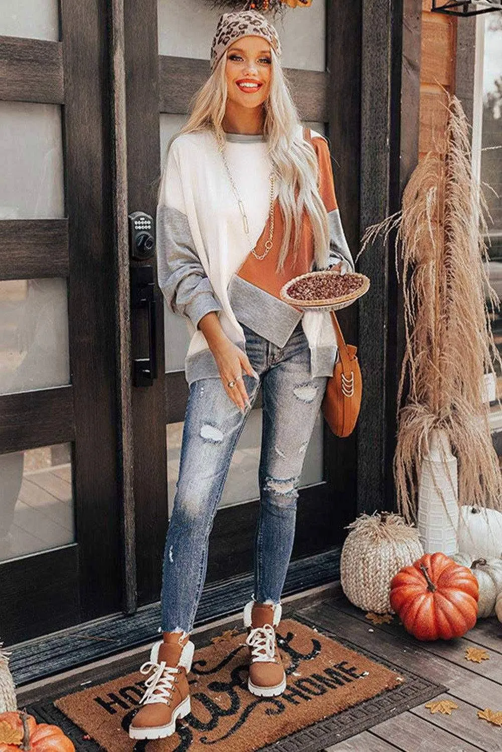 Irregular Hem Top - Khaki Colorblock Long Sleeve Style