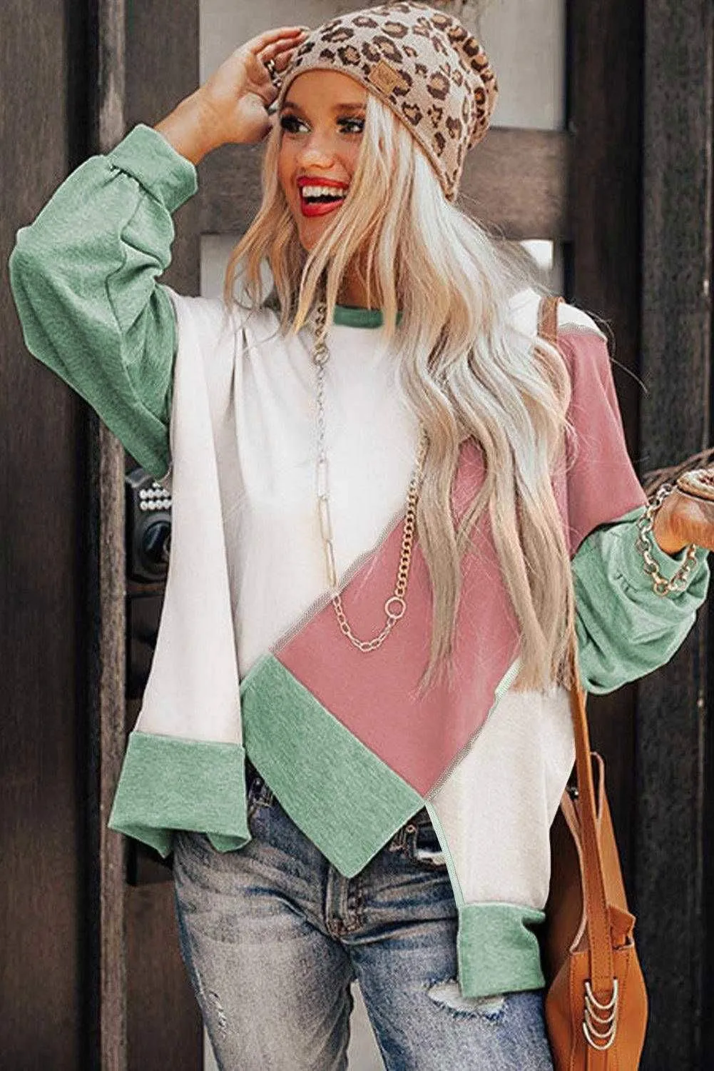 Irregular Hem Top - Khaki Colorblock Long Sleeve Style