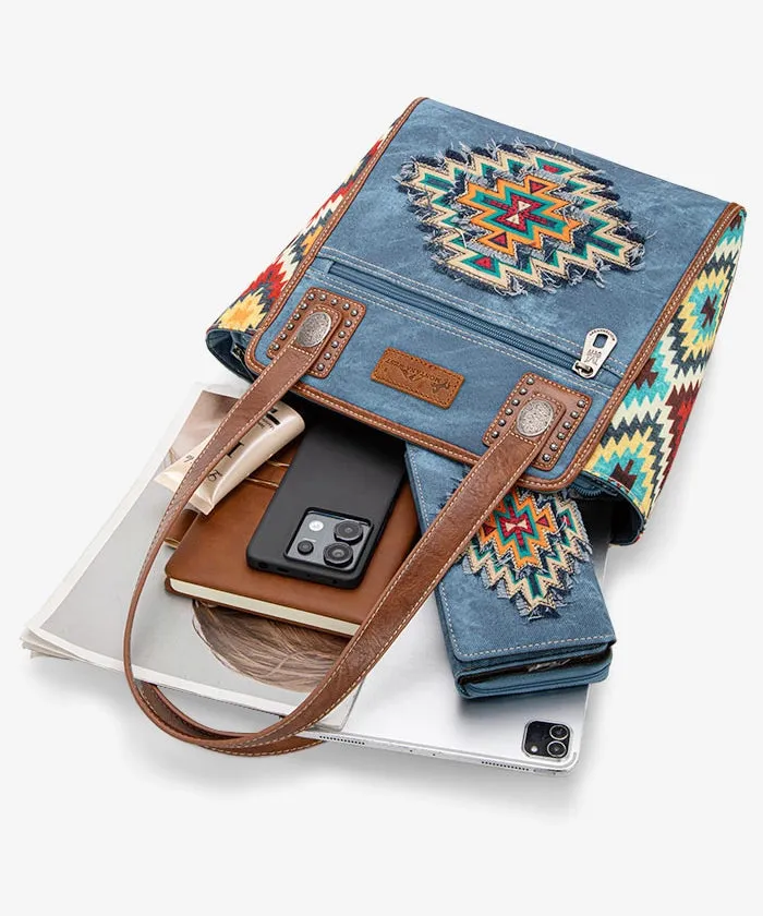 Montana West Embroidered Aztec Denim Tote