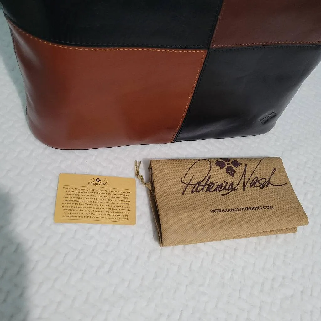 Patricia Nash Braden Colorblock Leather Tote Bag Black and Tan Handbag NEW