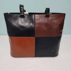 Patricia Nash Braden Colorblock Leather Tote Bag Black and Tan Handbag NEW