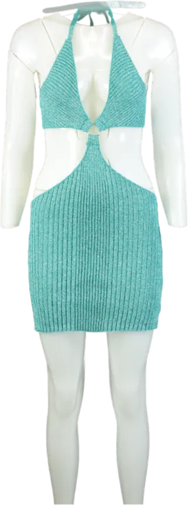 PrettyLittleThing Turquoise Glitter Knit Cut Out Mini Dress UK M