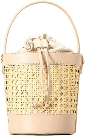 Rattan Straw Tote Bucket Bag for Women - PU Leather Summer Beach Holiday Purse