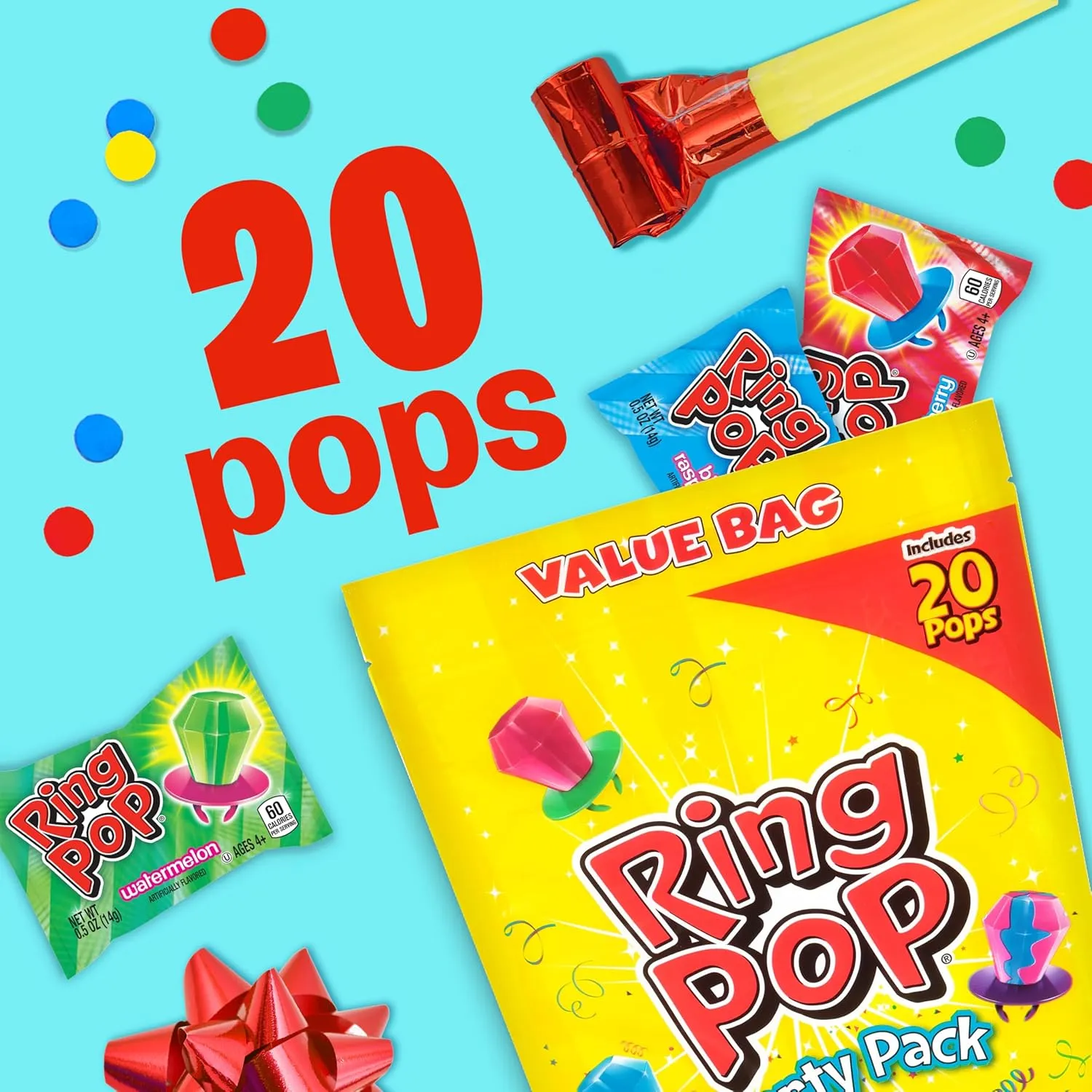 Ring Pop Candy Lollipops - Individually Wrapped Bulk Lollipop Variety Party Pack  20 Count Suckers w/ Assorted Flavors - Fun Candy for Kids - Hard Candy for Party Favors, Birthdays & Goodie Bags