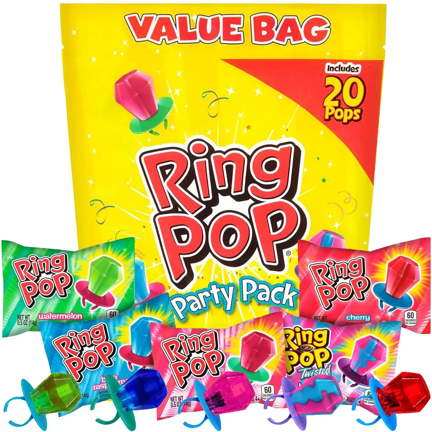 Ring Pop Candy Lollipops - Individually Wrapped Bulk Lollipop Variety Party Pack  20 Count Suckers w/ Assorted Flavors - Fun Candy for Kids - Hard Candy for Party Favors, Birthdays & Goodie Bags