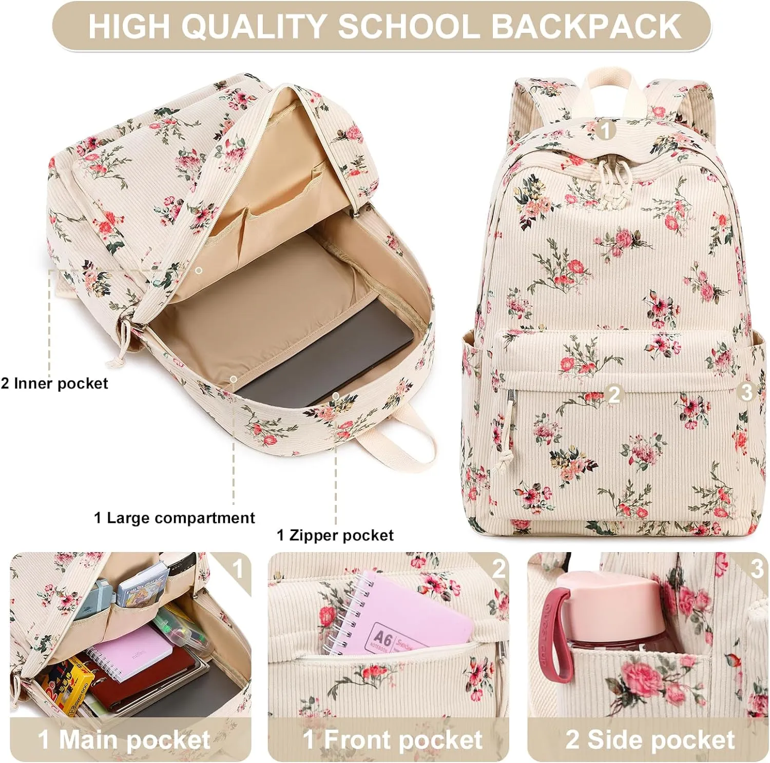School Backpack for Teen Girls Women Laptop Backpack College Bookbags Middle School Travel Work Commuter Back Pack(Corduroy flower)