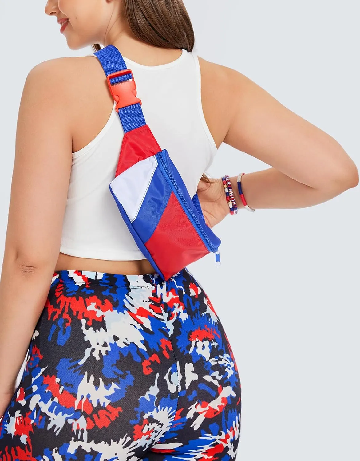 sissycos 4th of July 80s Retro Neon Fanny Pack, 90s Accessories for Women Men Waist Packs, 2 Pockets Belt Waist Crossbody Bag, American Flag Print (Flag color blocking)
