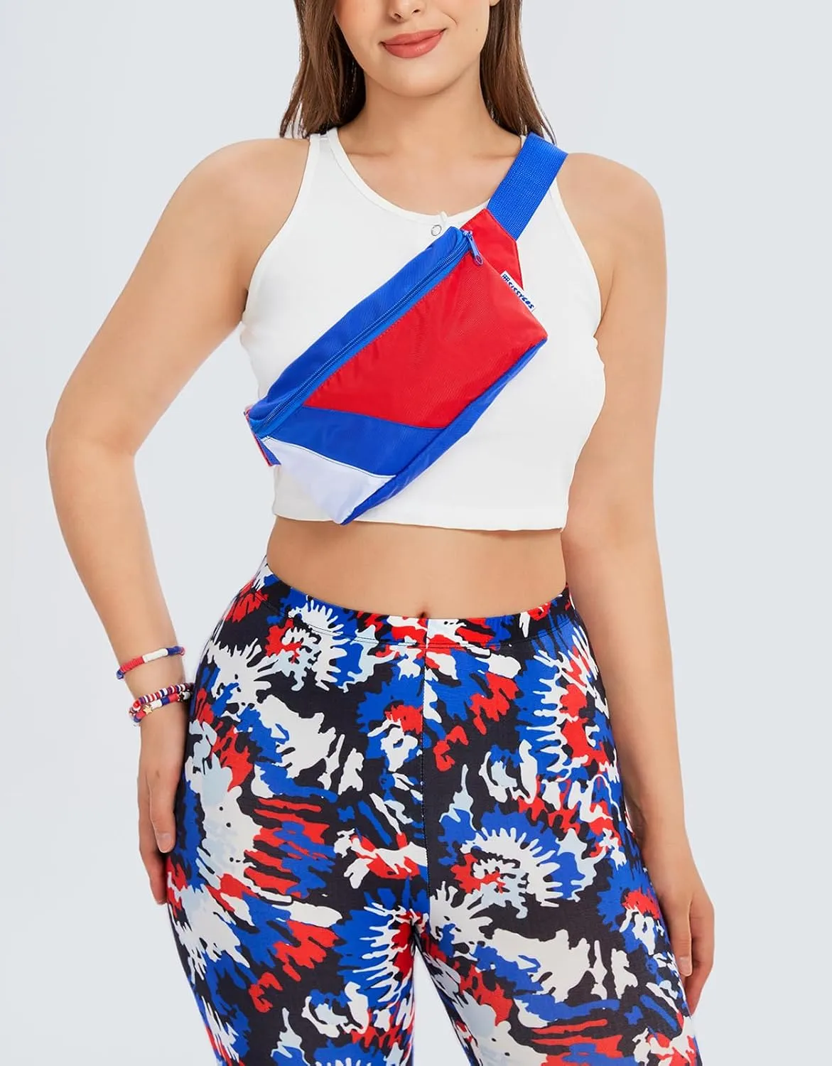 sissycos 4th of July 80s Retro Neon Fanny Pack, 90s Accessories for Women Men Waist Packs, 2 Pockets Belt Waist Crossbody Bag, American Flag Print (Flag color blocking)