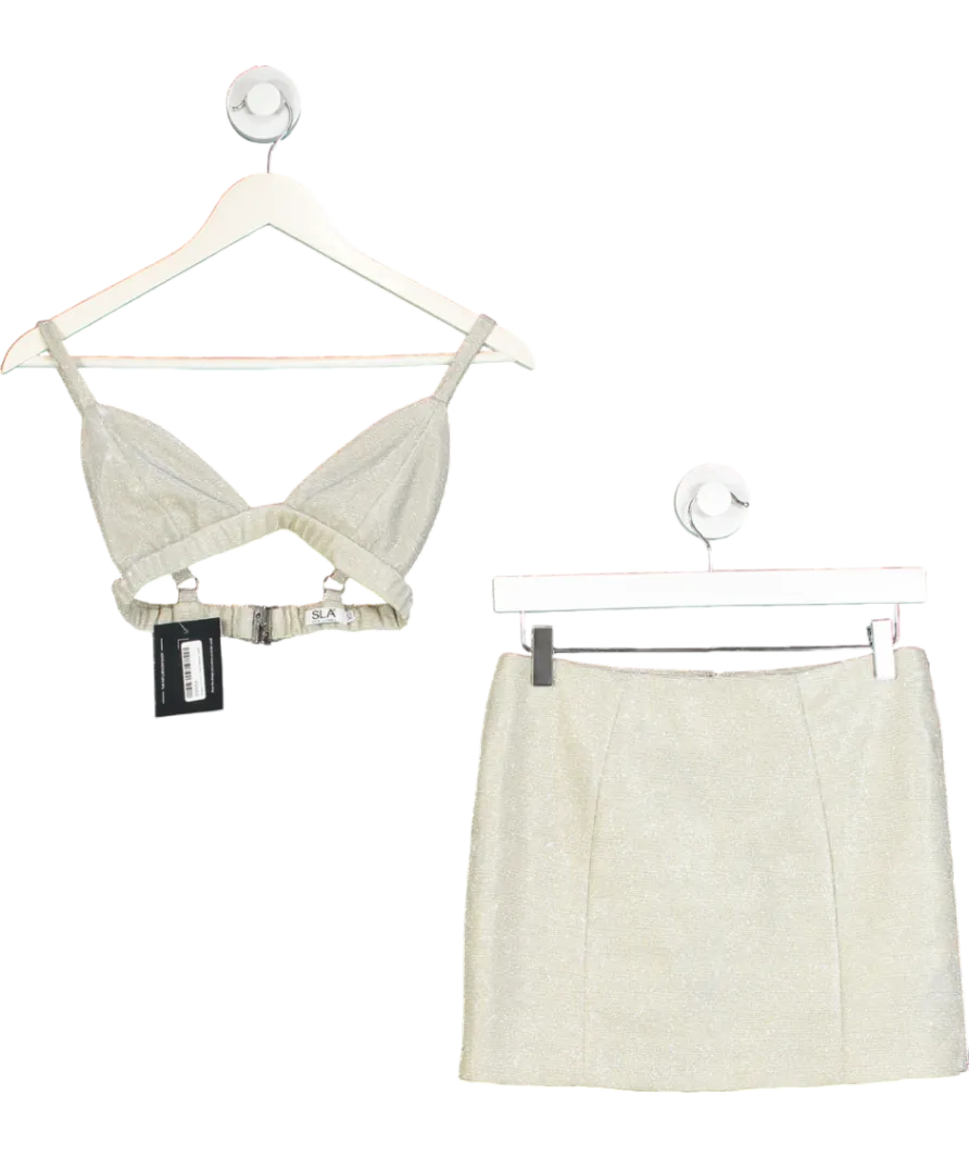 SLA the label Metallic Champagner Glitter Bralette And Mini Skirt Co-ord Set UK XS