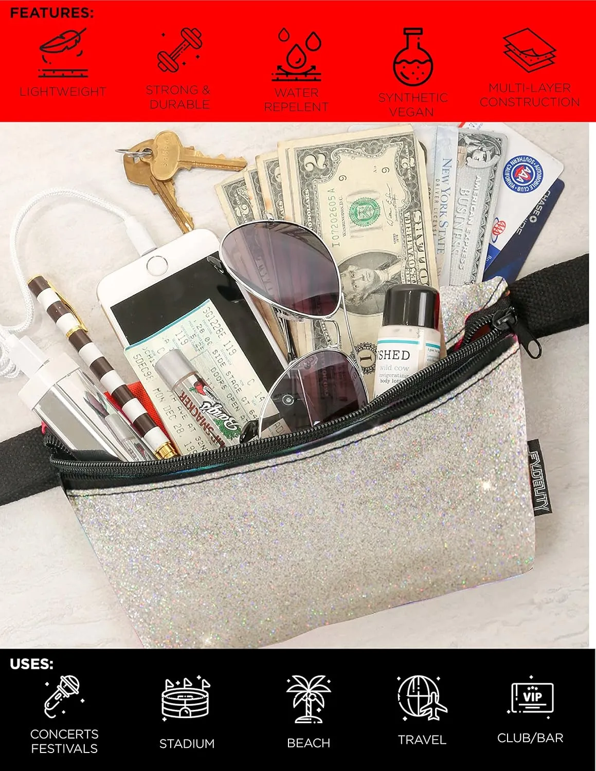Small Fanny Packs for Women  80s/90s Holographic Bum Bag  Unisex Retro Neon Crossbody Waist Belt Bag for Travel, Festivals, & Daily Use  Waist Belt Bag for Women | Dazzler Silver Glitter