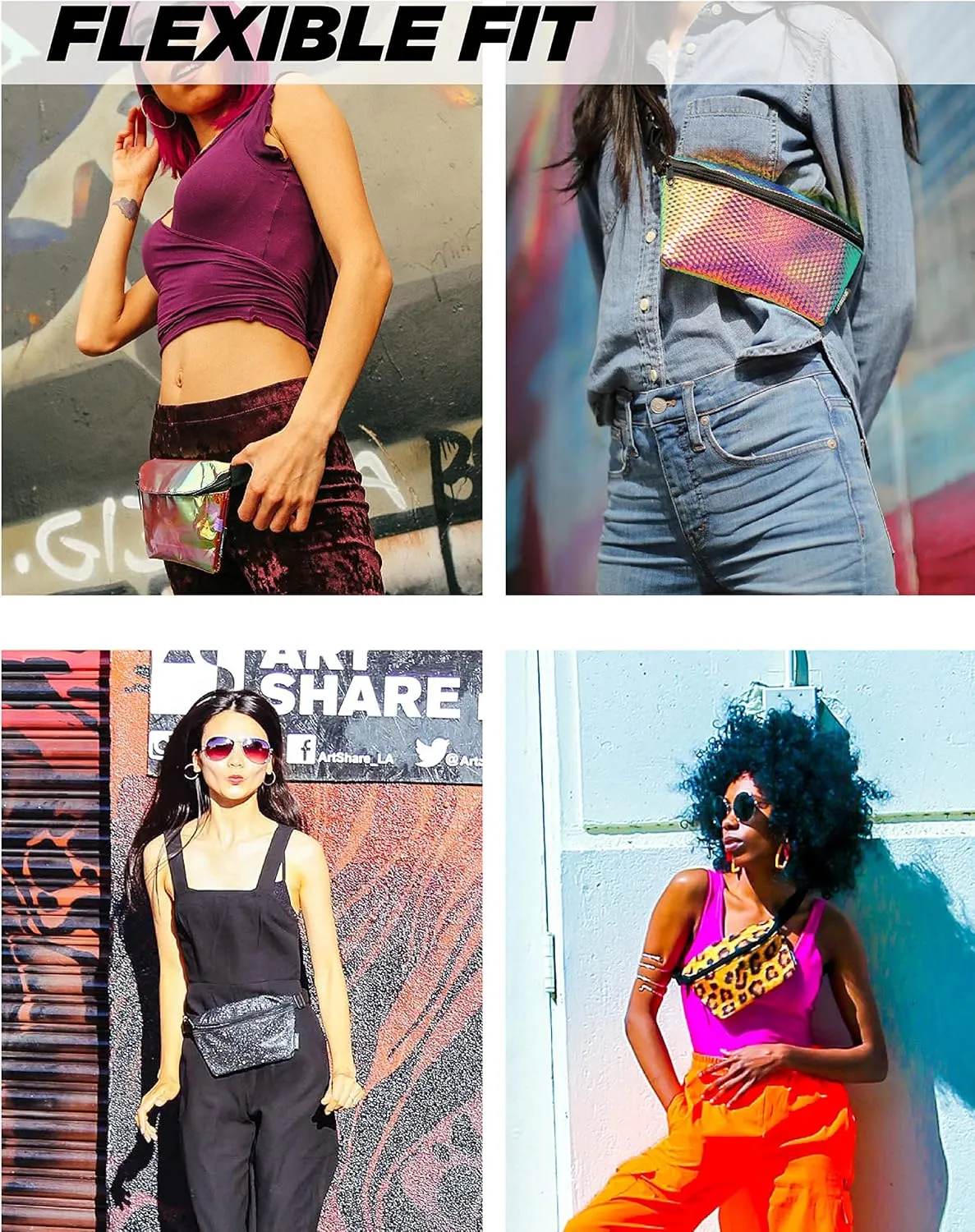 Small Fanny Packs for Women  80s/90s Holographic Bum Bag  Unisex Retro Neon Crossbody Waist Belt Bag for Travel, Festivals, & Daily Use  Waist Belt Bag for Women | Dazzler Silver Glitter