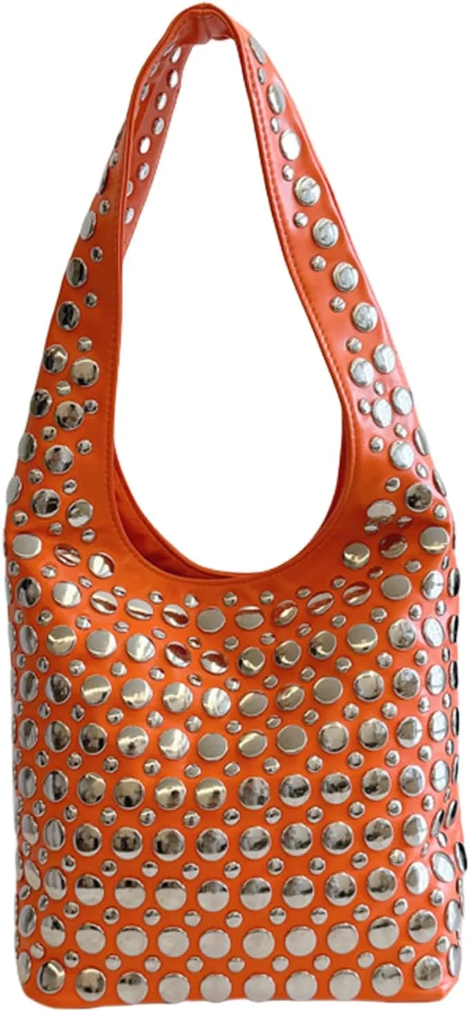 Stylish Studded Hobo Bag, Y2K Purse with Magnetic Closure, Mid-Sized Bucket HandbagDaily matching use