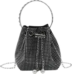 Women Rhinestone Evening Clutch Luxury Diamond Bucket Bag with Drawstring shining Crossbody Shoulder Purse for Prom