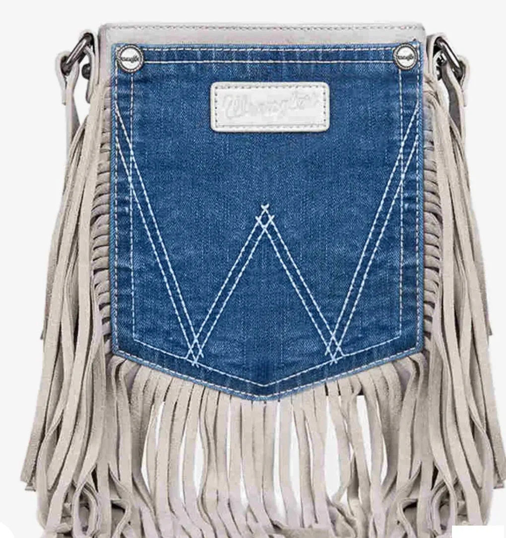Wrangler Leather Fringe Jean Denim Pocket Crossbody