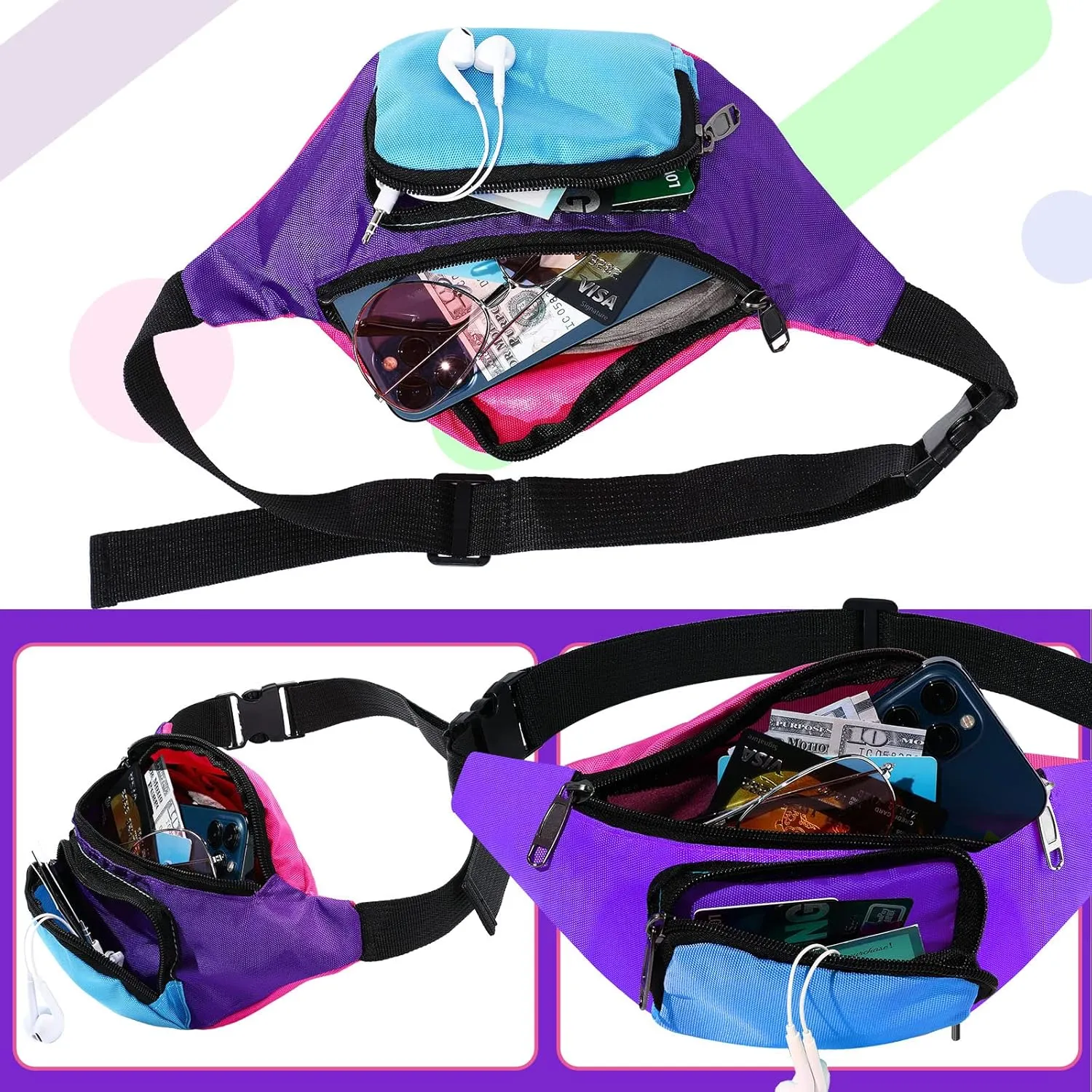 Xuniea 80s Retro Neon Fanny Pack 2 Pockets Belt Bags 90s Costumes for Women Men Waist Packs for Holiday Festival 80s Theme Halloween Party(Purple Bottom)