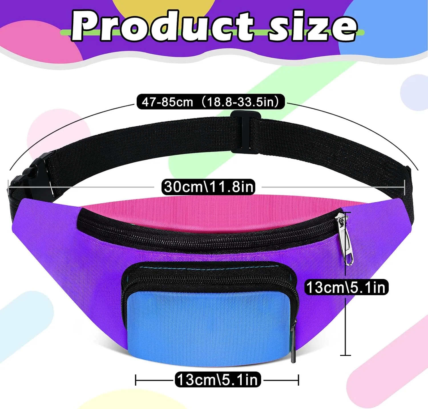 Xuniea 80s Retro Neon Fanny Pack 2 Pockets Belt Bags 90s Costumes for Women Men Waist Packs for Holiday Festival 80s Theme Halloween Party(Purple Bottom)