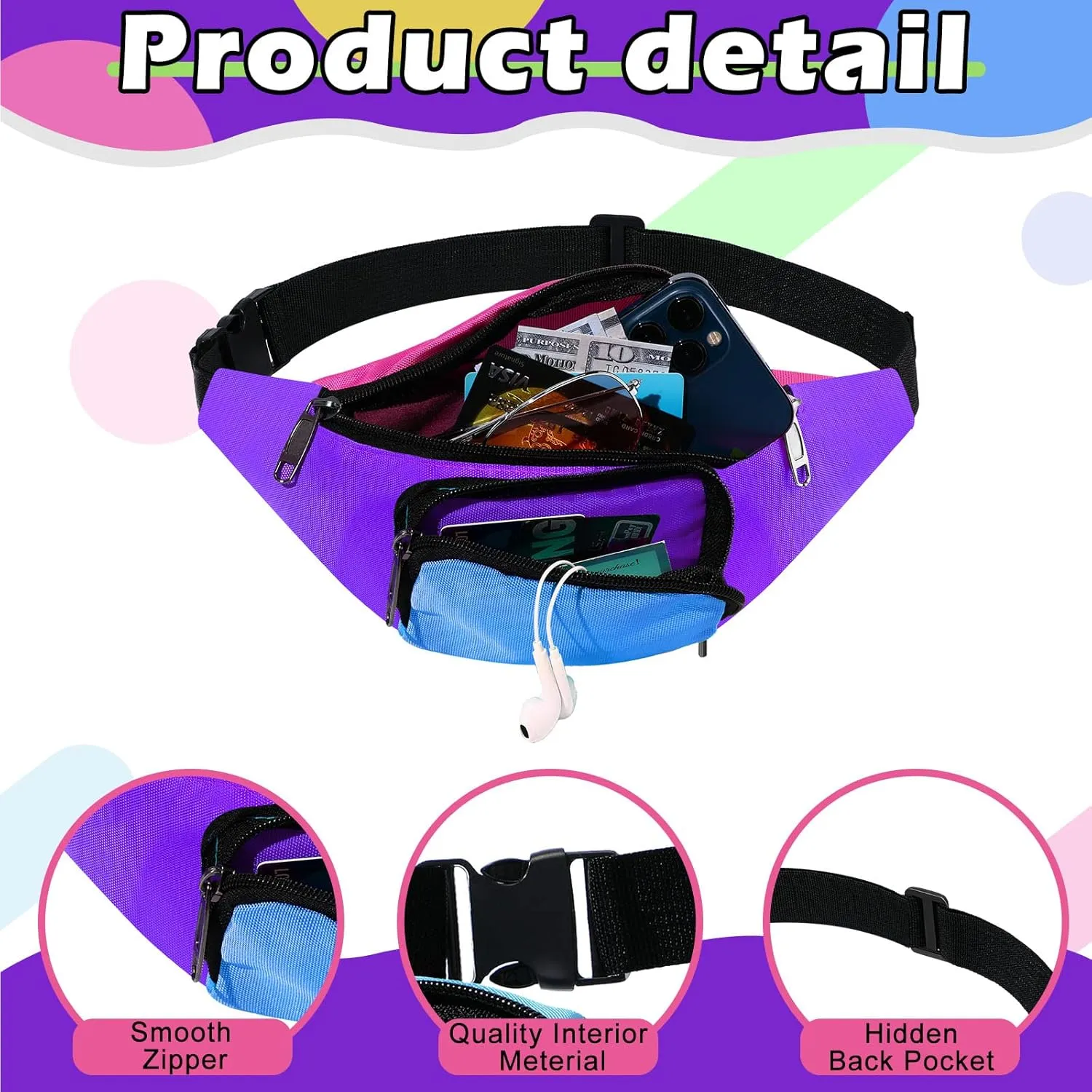 Xuniea 80s Retro Neon Fanny Pack 2 Pockets Belt Bags 90s Costumes for Women Men Waist Packs for Holiday Festival 80s Theme Halloween Party(Purple Bottom)