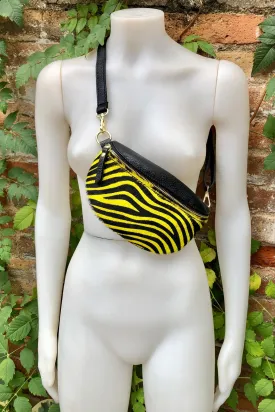 Yellow   black zebra print FANNY pac .Small leather crossbody/ hip bag, bum pack bag in GENUINE  leather. Yellow purse with adjustable strap