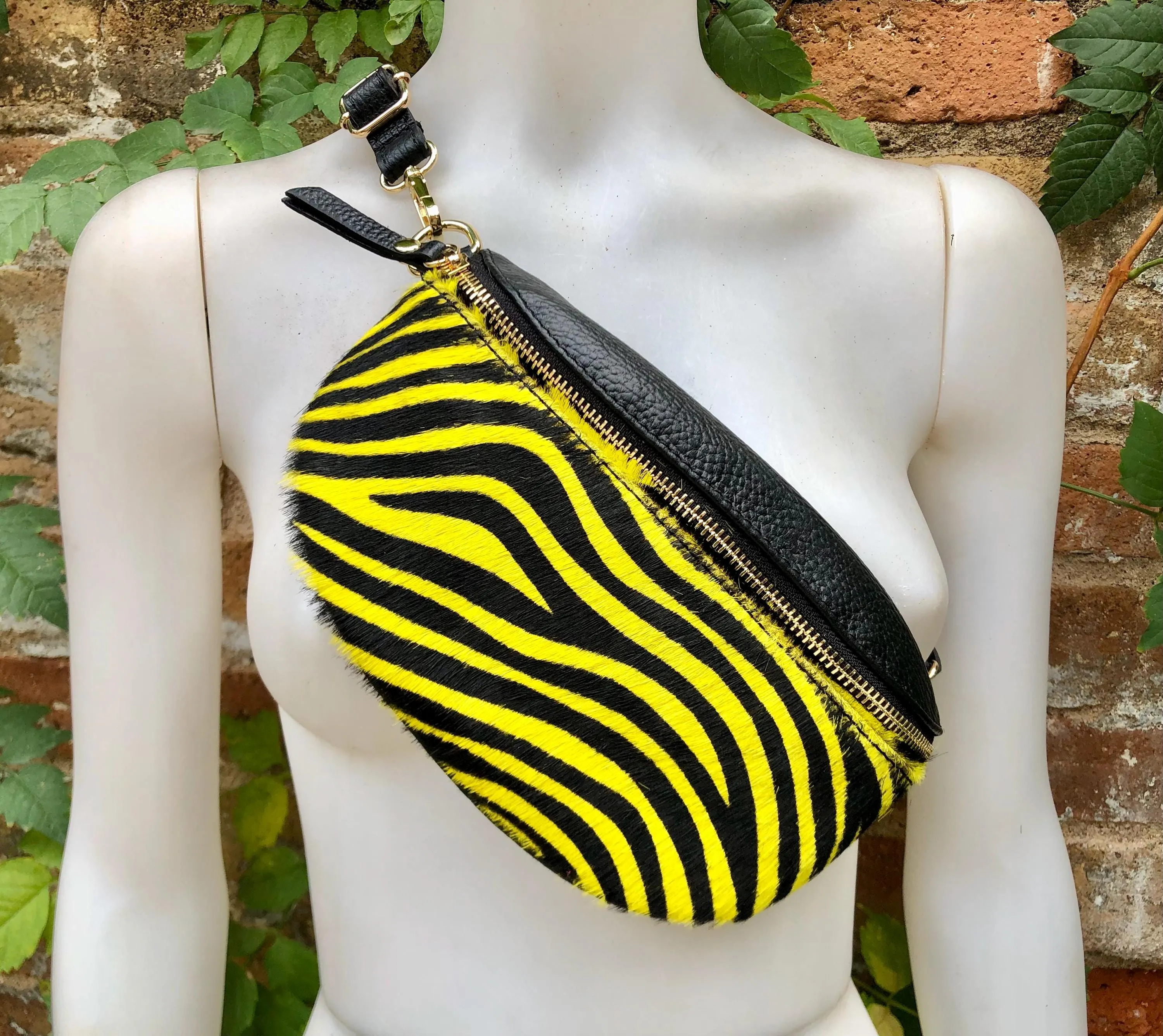 Yellow   black zebra print FANNY pac .Small leather crossbody/ hip bag, bum pack bag in GENUINE  leather. Yellow purse with adjustable strap